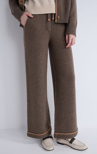 Dark camel knit lounge pants with drawstring waist and wide straight legs