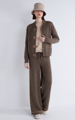 Dark camel wool-cashmere lounge knit pants, wide leg with contrast trim at ankle