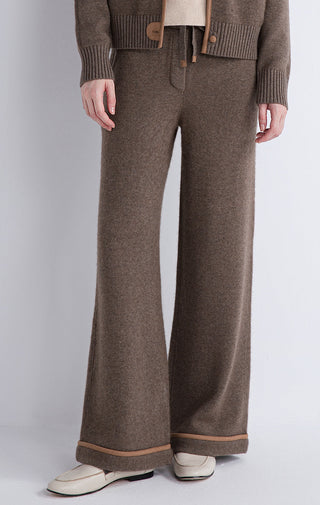 Dark camel wool and cashmere knit lounge pants, wide leg with contrast trim