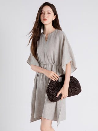 100% Linen Drawstring Waist Mini Dress