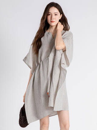 100% Linen Drawstring Waist Mini Dress