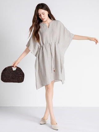 100% Linen Drawstring Waist Mini Dress