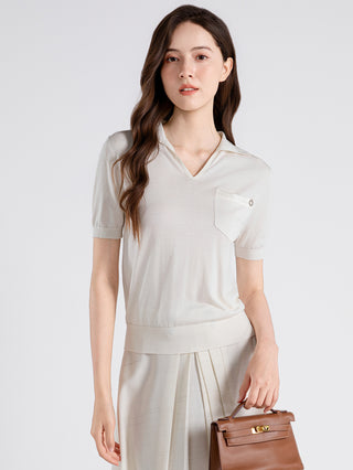Silk Blend Polo Knit Top with Satin Pocket Detail