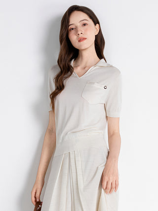 Silk Blend Polo Knit Top with Satin Pocket Detail