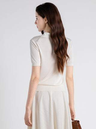 Silk Blend Polo Knit Top with Satin Pocket Detail