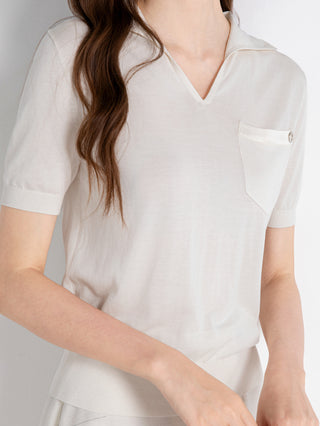Silk Blend Polo Knit Top with Satin Pocket Detail