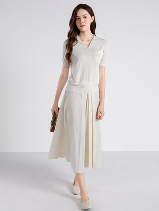 Silk Blend Polo Knit Top with Satin Pocket Detail