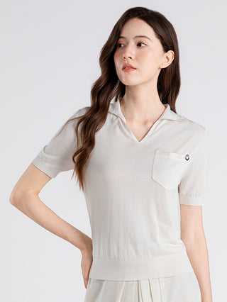 Silk Blend Polo Knit Top with Satin Pocket Detail