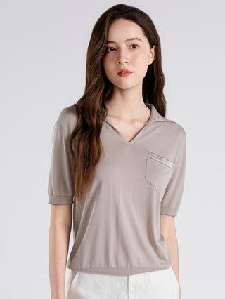 Silk Blend Polo Knit Top with Satin Pocket Detail