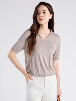 Silk Blend Polo Knit Top with Satin Pocket Detail