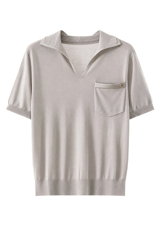 Silk Blend Polo Top with Satin Pocket Detail