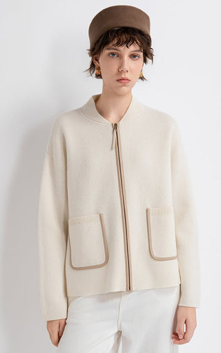 Wool-cashmere zip jacket in ivory with leather-trimmed pockets and stand collar