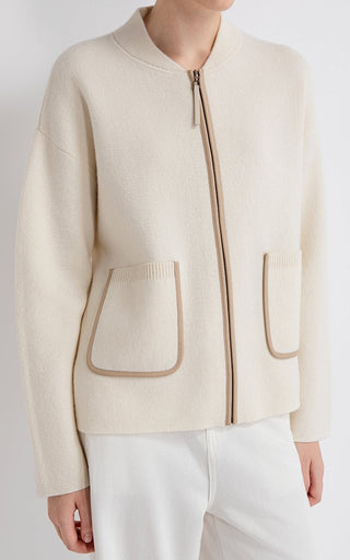Ivory wool-cashmere zip jacket with leather-trimmed front zip and flap pockets