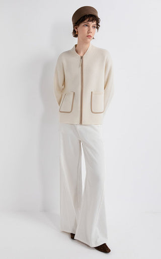 Ivory wool-cashmere zip jacket with leather trim, stand collar, and two front pockets