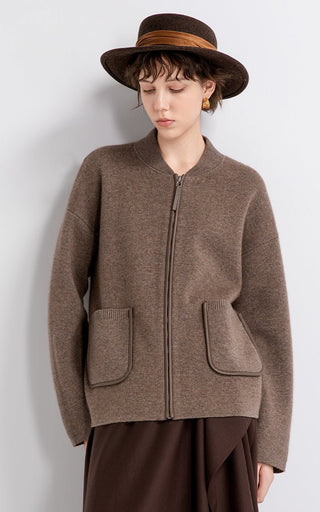 Wool-cashmere zip jacket in brown with front zip and leather-trimmed patch pockets