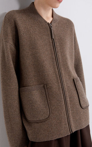 Brown wool-cashmere zip jacket with front zip and flap patch pockets