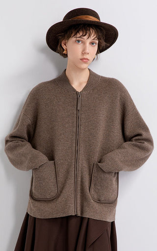 Brown wool-cashmere zip jacket with stand collar, front zip, and patch pockets