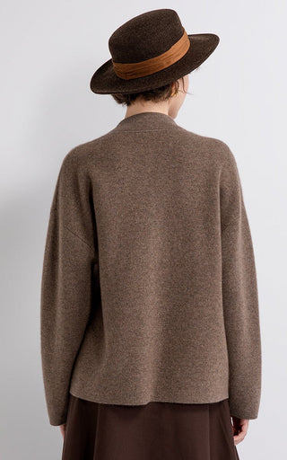 Brown wool-cashmere jacket back view with full-length sleeves and relaxed fit