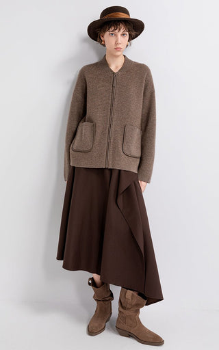 Brown wool-cashmere zip jacket with stand collar and front patch pockets