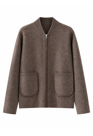 Brown wool-cashmere zip jacket with stand collar and welt pockets