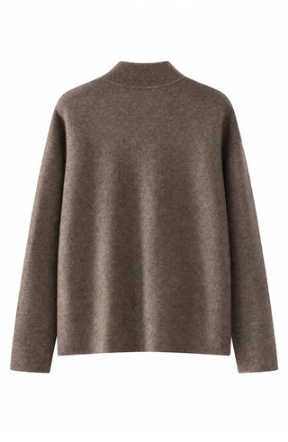 Brown wool-cashmere zip jacket, back view, stand collar, full sleeves