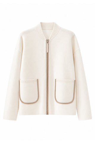Ivory white wool-cashmere zip jacket with stand collar and welt pockets
