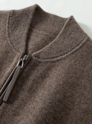 Brown wool-cashmere zip jacket close-up with metal zipper and ribbed collar