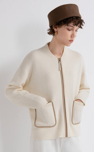 Ivory wool-cashmere zip jacket with leather-trimmed pockets and ribbed cuff details