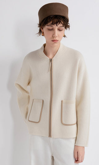 Ivory wool-cashmere zip jacket with stand collar, front zip, and leather-trimmed pockets