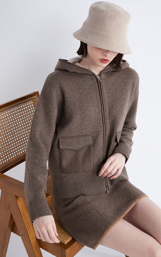 Dark camel hooded wool-cashmere jacket with sheepskin-style chest pocket and zip detail