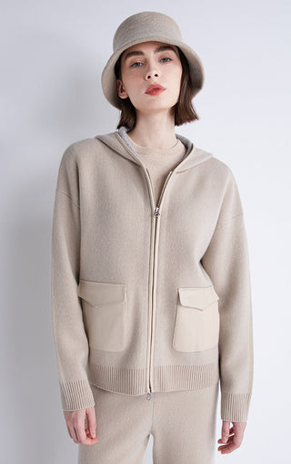 Beige hooded zip-up wool-cashmere jacket with front patch pockets and ribbed cuffs