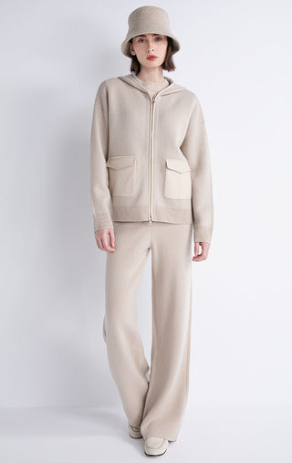 Beige hooded wool-cashmere jacket with zip front and matching drawstring-waist style pants