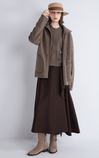 Dark brown wool-cashmere zip jacket with sheepskin-trim zipper and front flap pocket