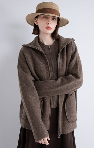 Dark brown wool-cashmere zip jacket with sheepskin-trim collar and flap pockets