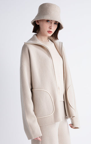 Camel wool-cashmere zip jacket with sheepskin-trim edges, front pockets and zip front