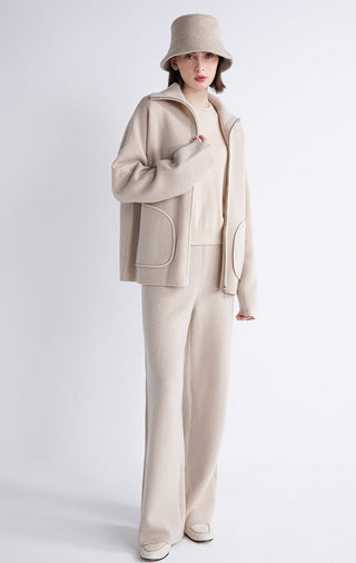 Camel wool-cashmere zip jacket with flap pockets and sheepskin-trim zipper