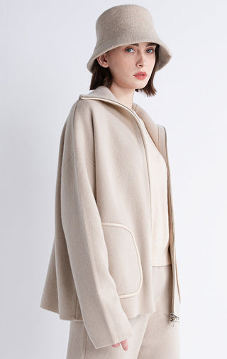 Camel wool-cashmere zip jacket with sheepskin-trim collar and zip front