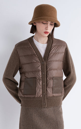 Brown knit puffer coat with quilted chest panels and side pocket on the front