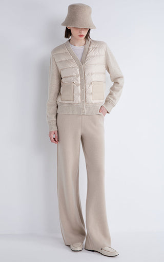 Beige down puffer knit coat set with wide-leg trousers and hooded ribbed cuffs