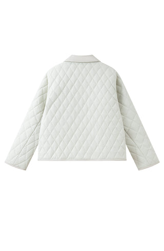 Light greige quilted down jacket, back view with diamond stitch and full sleeves