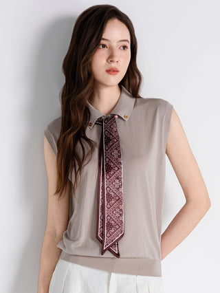 Sleeveless Knit Top with Printed Scarf Tie