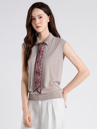 Sleeveless Knit Top with Printed Scarf Tie