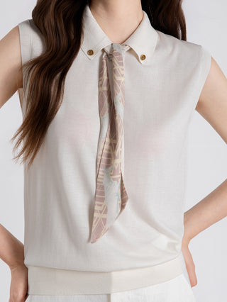 Sleeveless Knit Top with Printed Scarf Tie