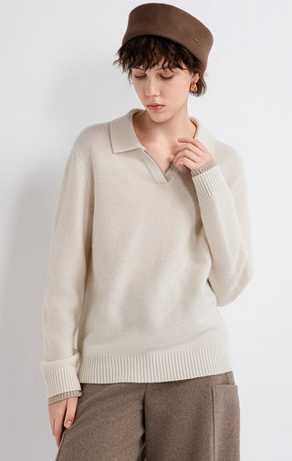 Beige polo knit sweater with contrast V-neck placket, ribbed cuffs, and hem