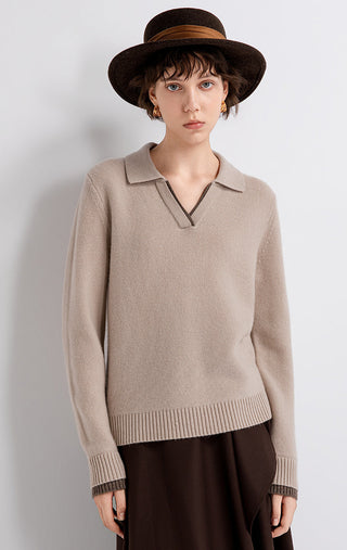 Taupe wool-cashmere polo knit sweater with contrast collar, cuffs, and hem