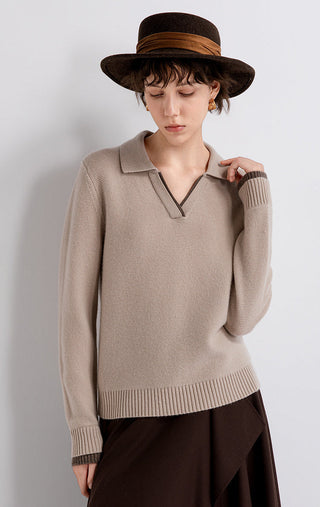 Taupe polo knit sweater with contrast V-neck placket, ribbed cuffs, and hem