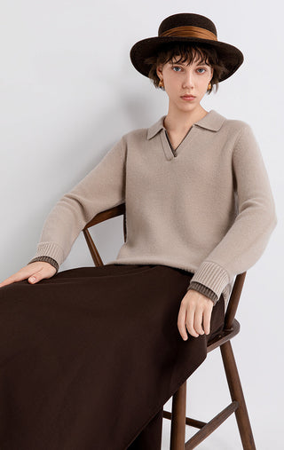 Taupe wool-cashmere polo knit sweater with contrast collar and ribbed bottom hem