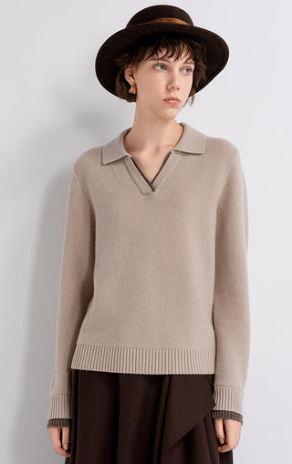 Taupe wool-cashmere polo knit sweater with contrast collar and ribbed cuffs