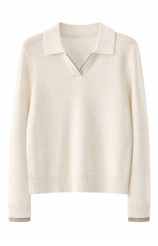 Off-white wool-cashmere polo knit with contrast V-neck placket and ribbed hem