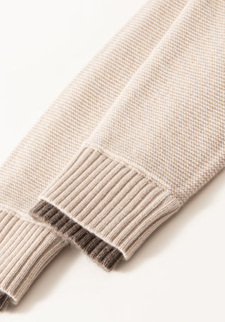 Beige wool-cashmere polo knit cuff with ribbed dark taupe contrast trim